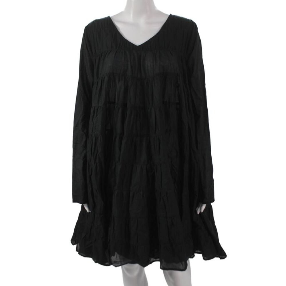 Merlette Women Trapeze Swing Dress Black V Neck Long Sleeve Knee Length Size M